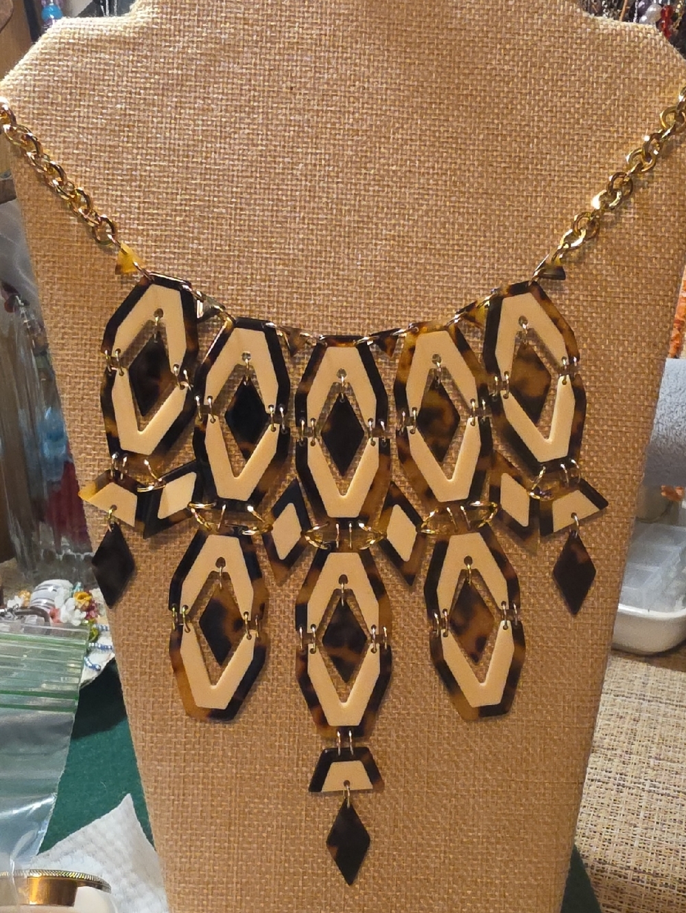 Tory Burch Tortoiseshell and Cream Geometric Pendant Necklace